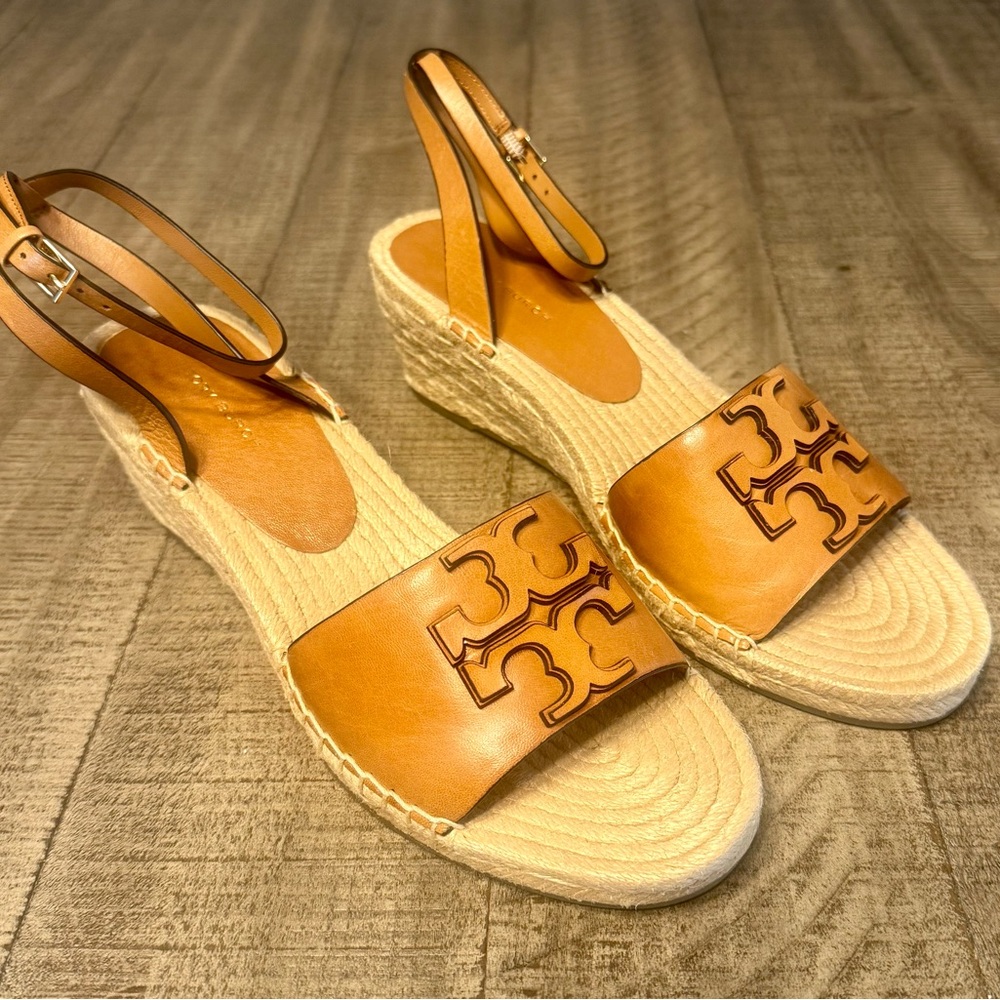 Tory Burch Ines Tan Leather Wedge Espadrilles New In Box Size 9